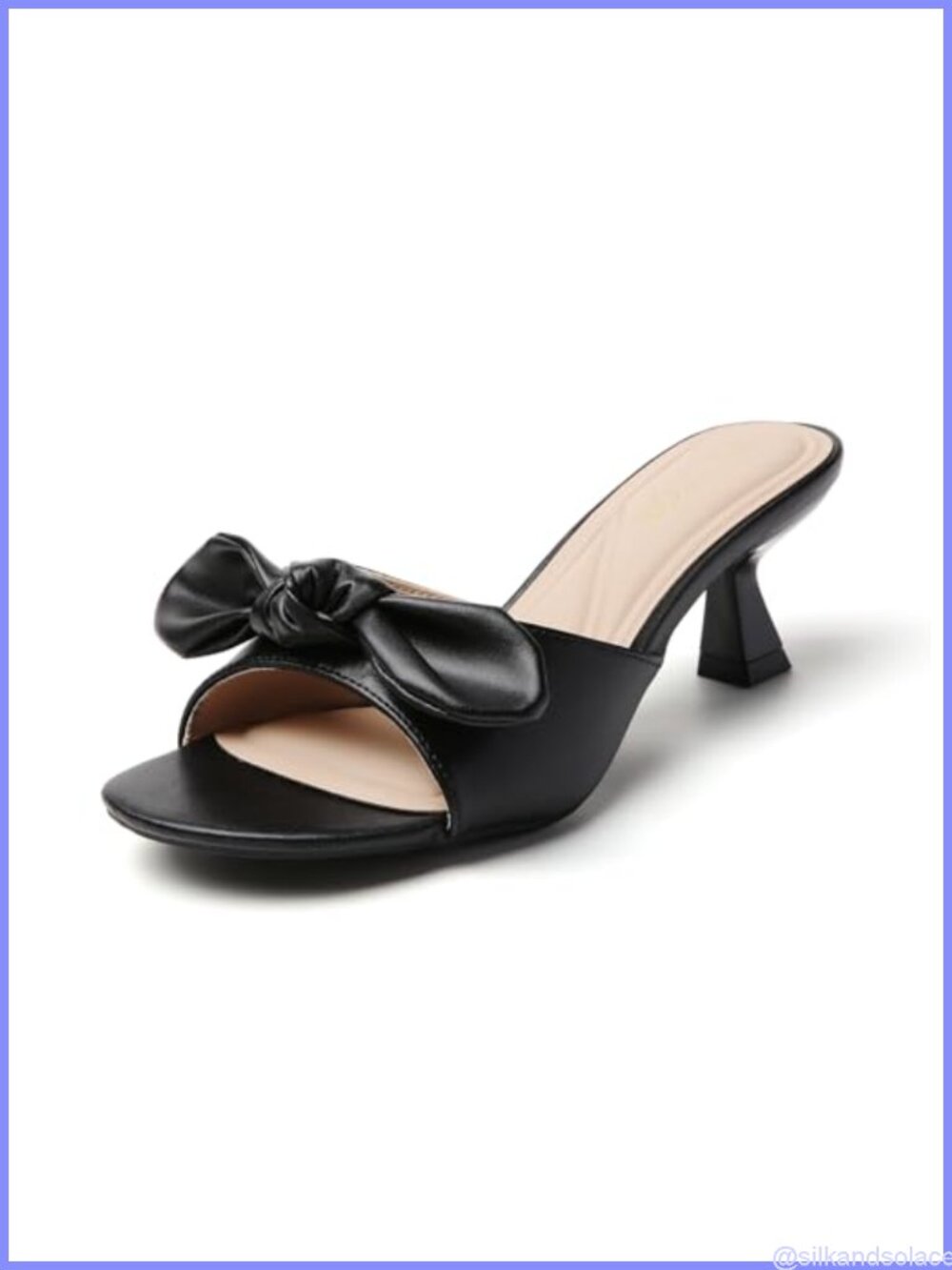 Kitten Heels with Bow Open Toe Slip On Mules Mid Heel Dress Shoes